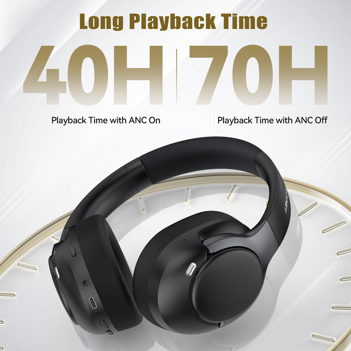 TECKNET Hybrid ANC headphones battery life up to 70 hours in music mode.