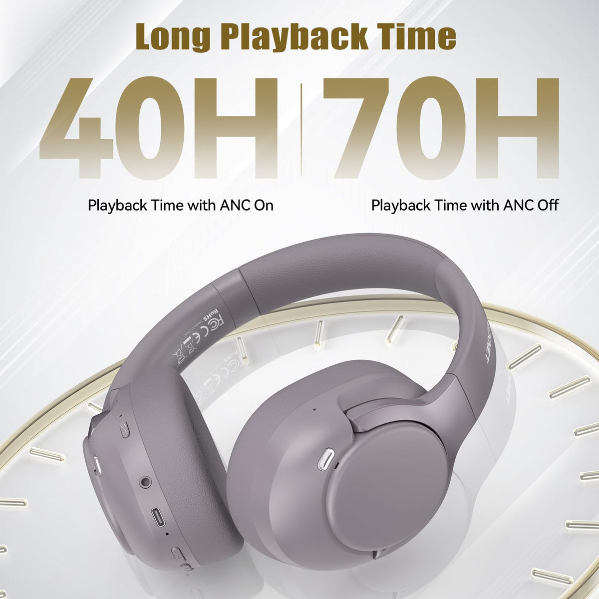 TECKNET hybrid ANC headphones purple-gray folded for compact transport.