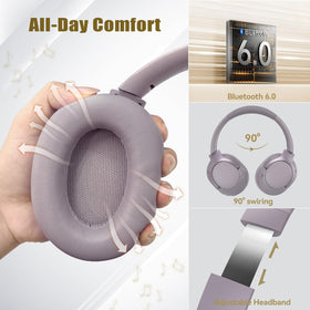TECKNET hybrid ANC headphones purple-gray on desk showing controls and ports.