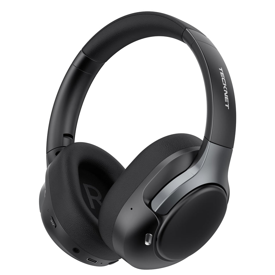 TECKNET Hybrid ANC headphones outer view shows sleek black finish for travel.