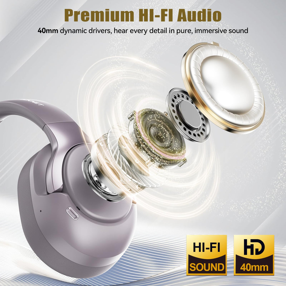 TECKNET hybrid ANC headphones purple-gray carrying pouch included.