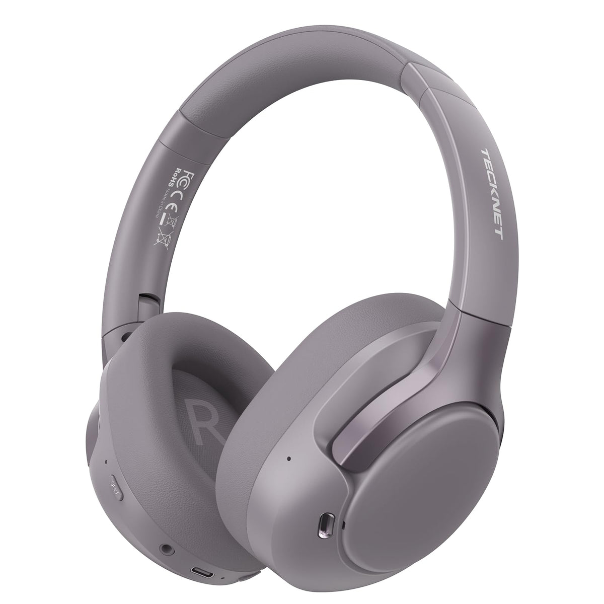 TECKNET hybrid ANC headphones purple-gray front view for immersive travel listening.