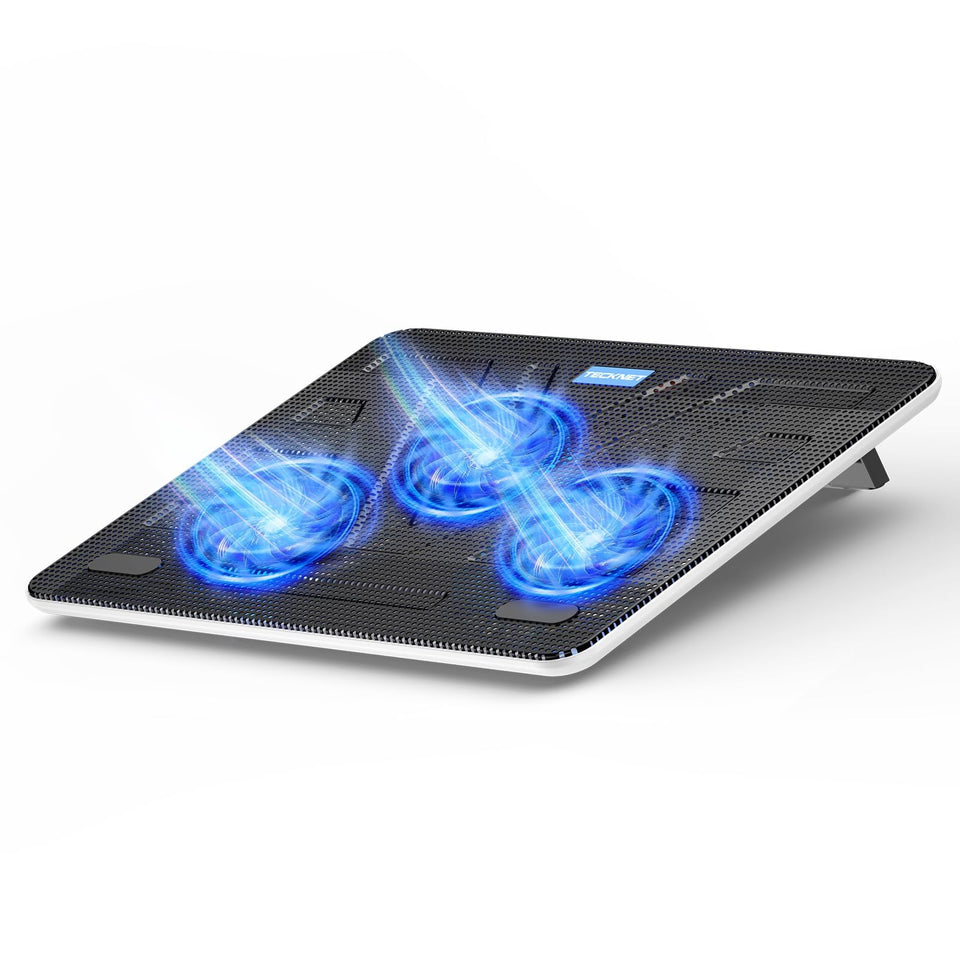 TECKNET laptop cooling pad with 3 blue LED fans for active cooling during gaming sessions.