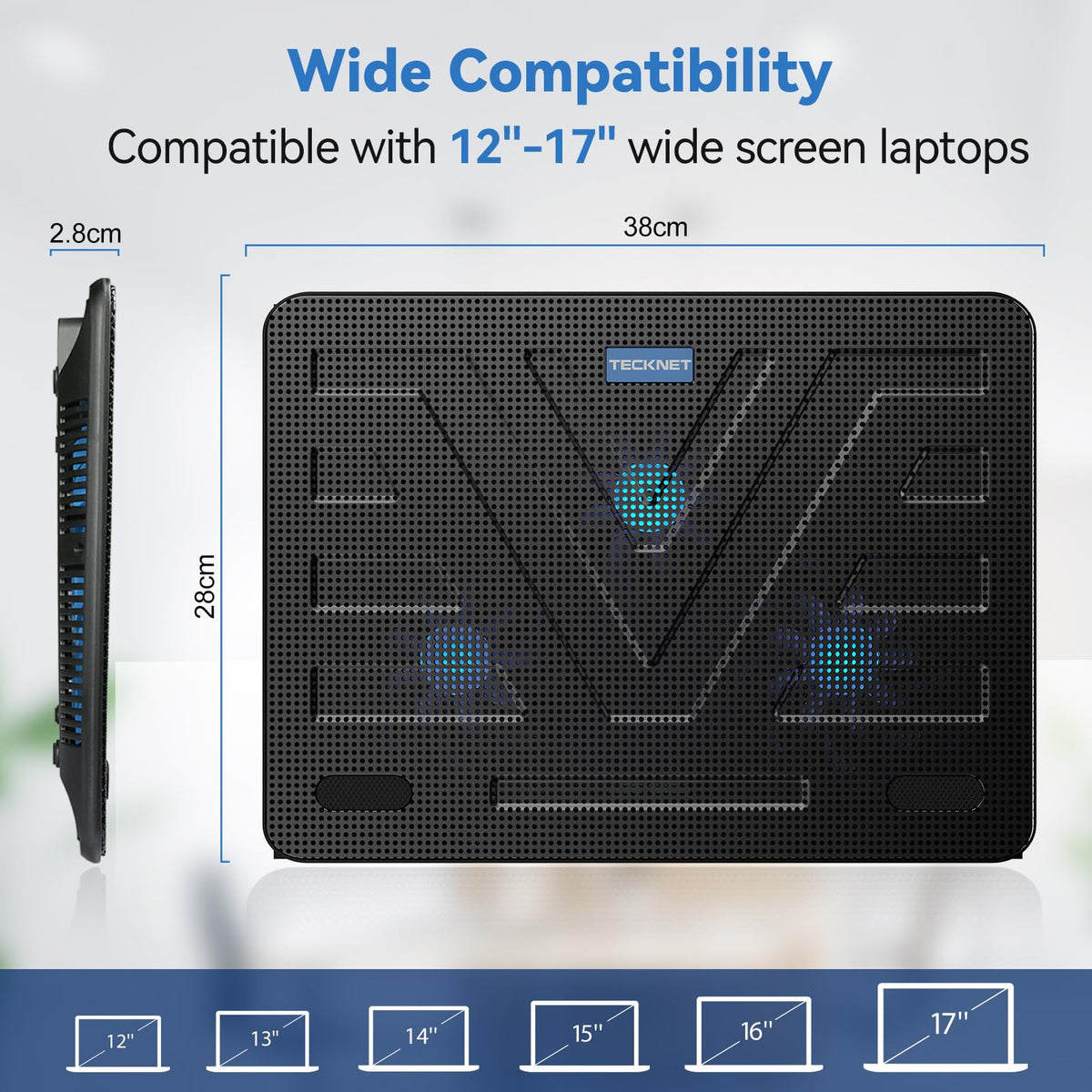 TECKNET cooling pad fits 12 to 17 inch laptops for versatile use
