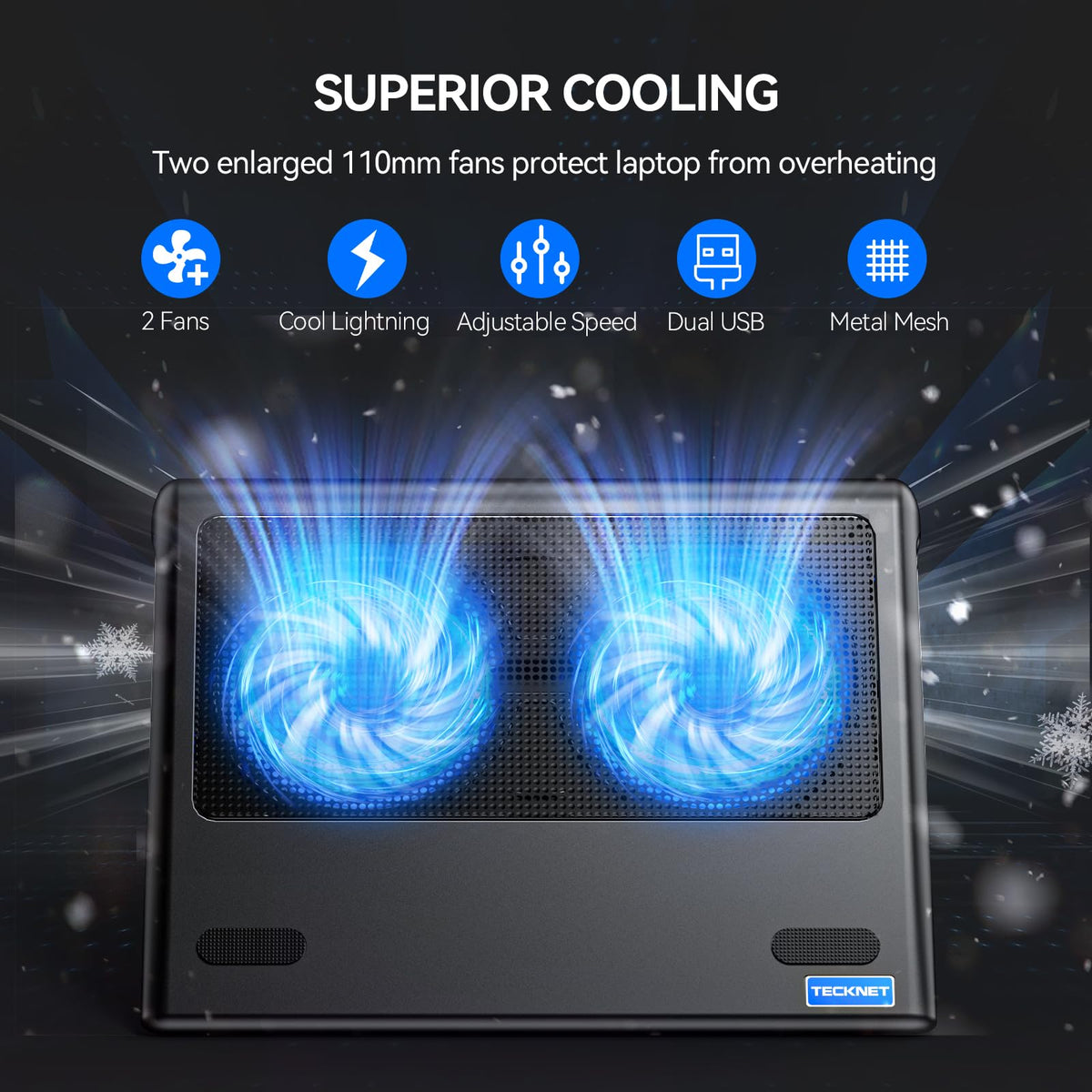 TECKNET laptop cooling pad side ports show USB-C and USB-A connectivity.