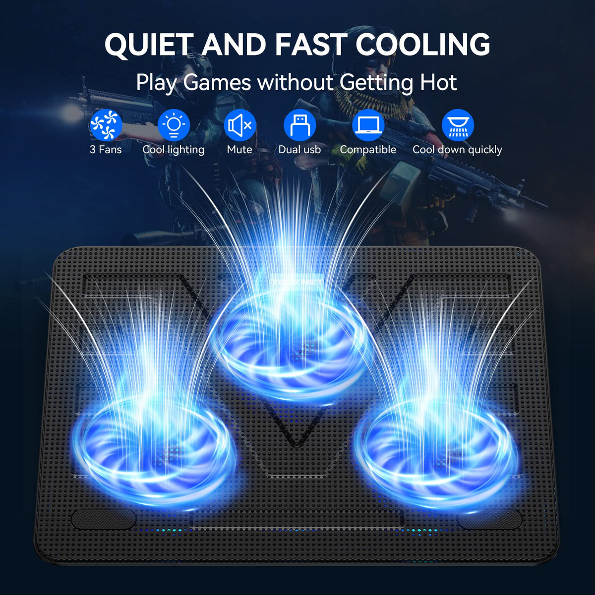 TECKNET USB-powered cooling pad operating quietly during long sessions