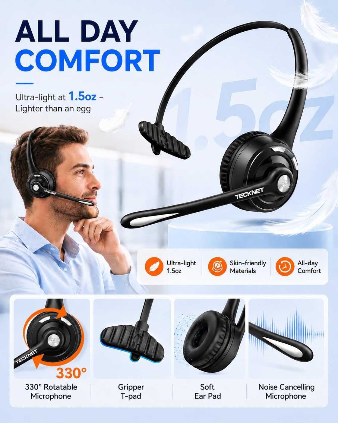 TECKNET noise canceling mic for clearer calls on the go.