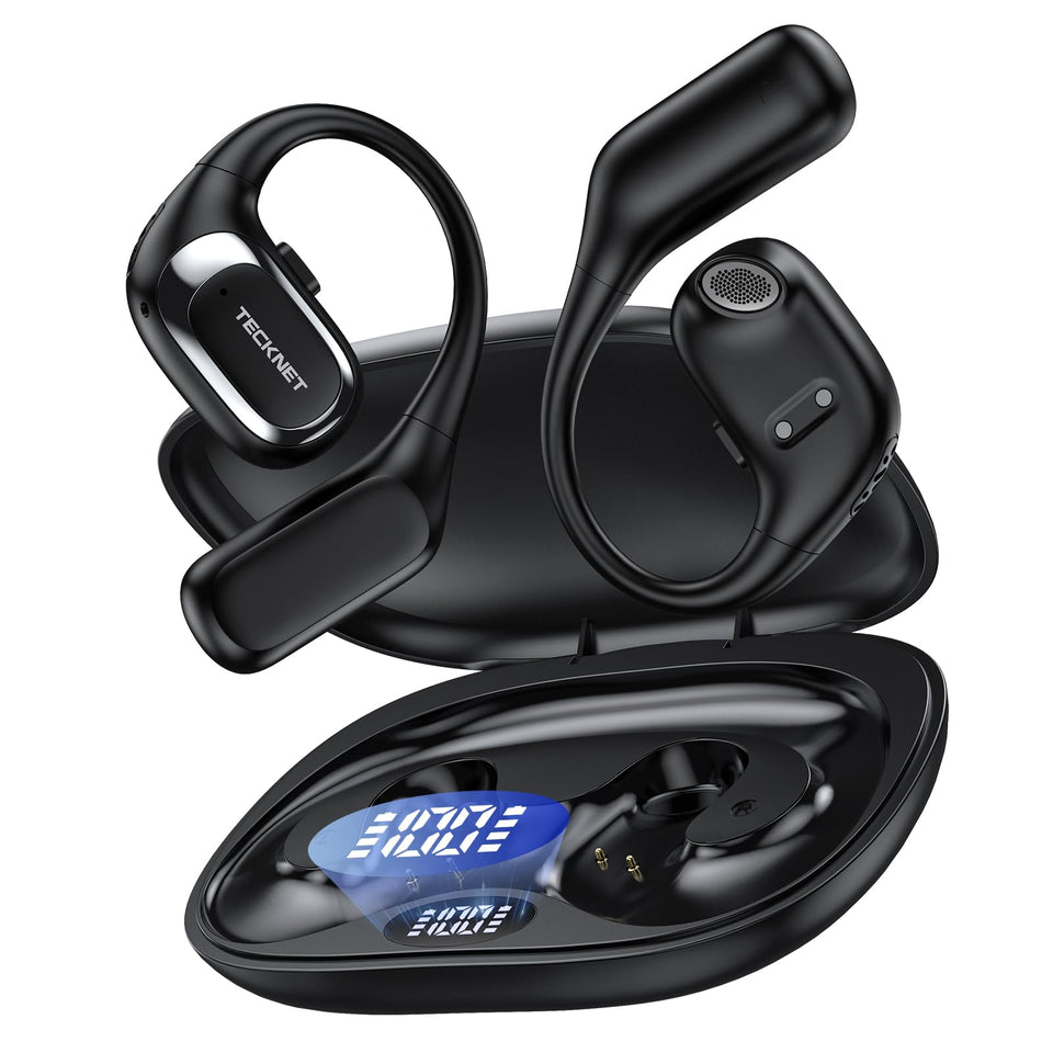 TECKNET front packaging showing earbuds and case, clear product overview benefit