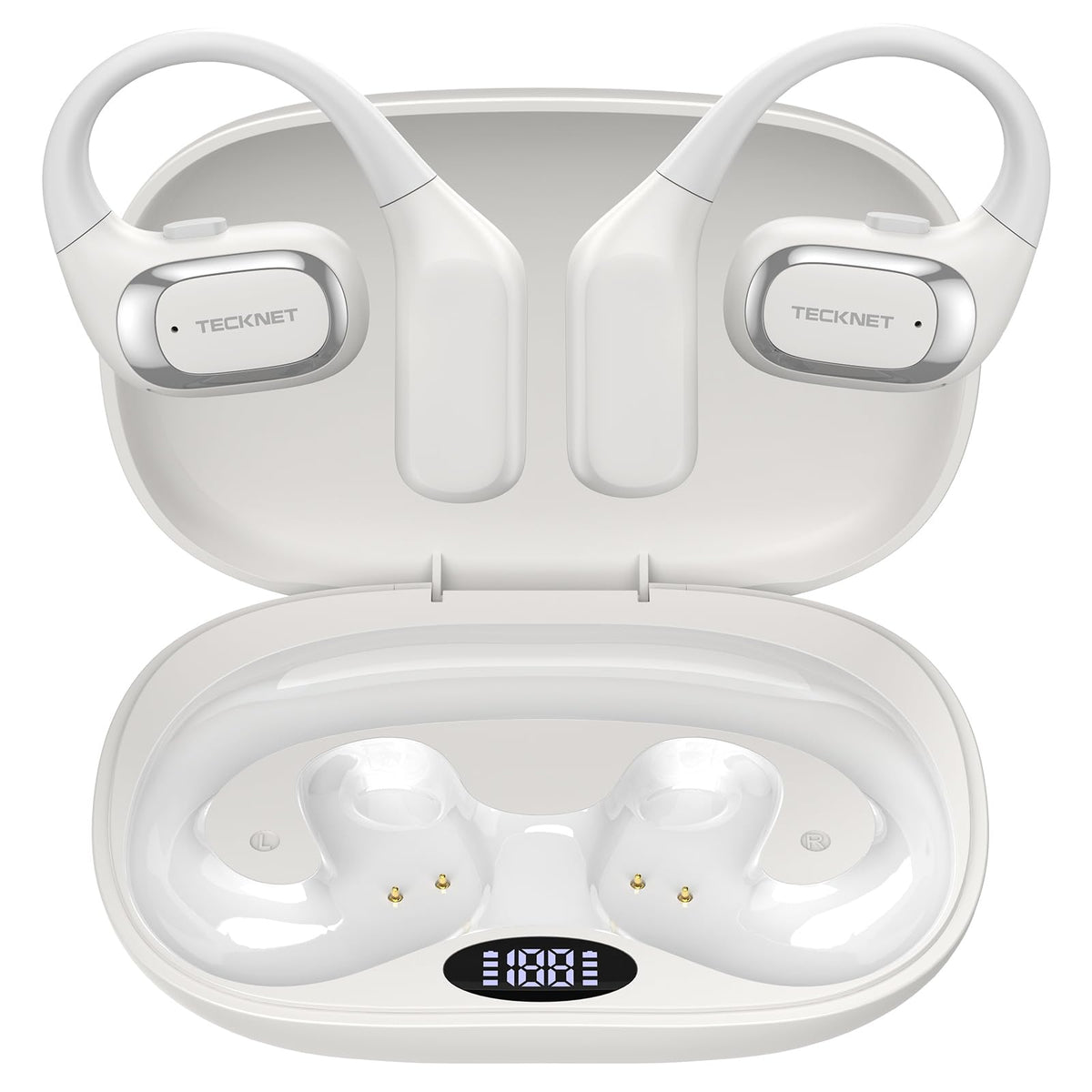TECKNET front view of white open ear earbuds showing sleek design and comfort benefit