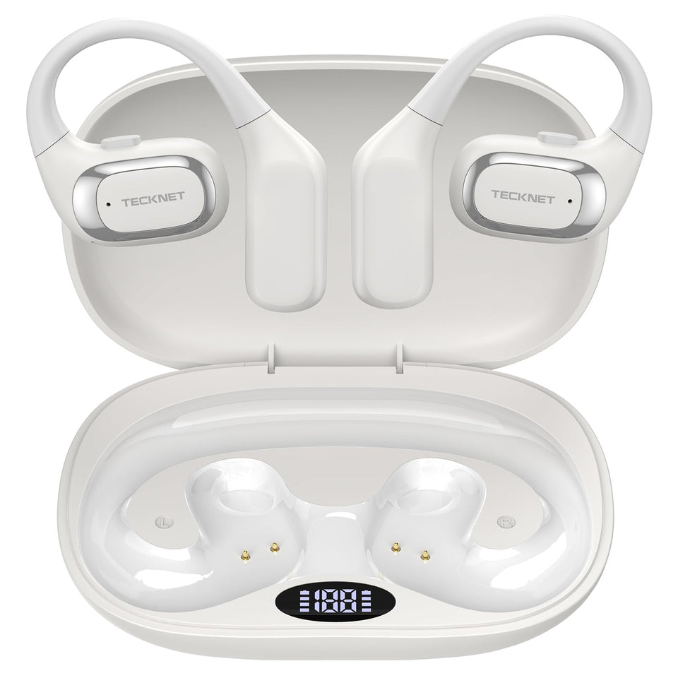 TECKNET front view of white open ear earbuds showing sleek design and comfort benefit