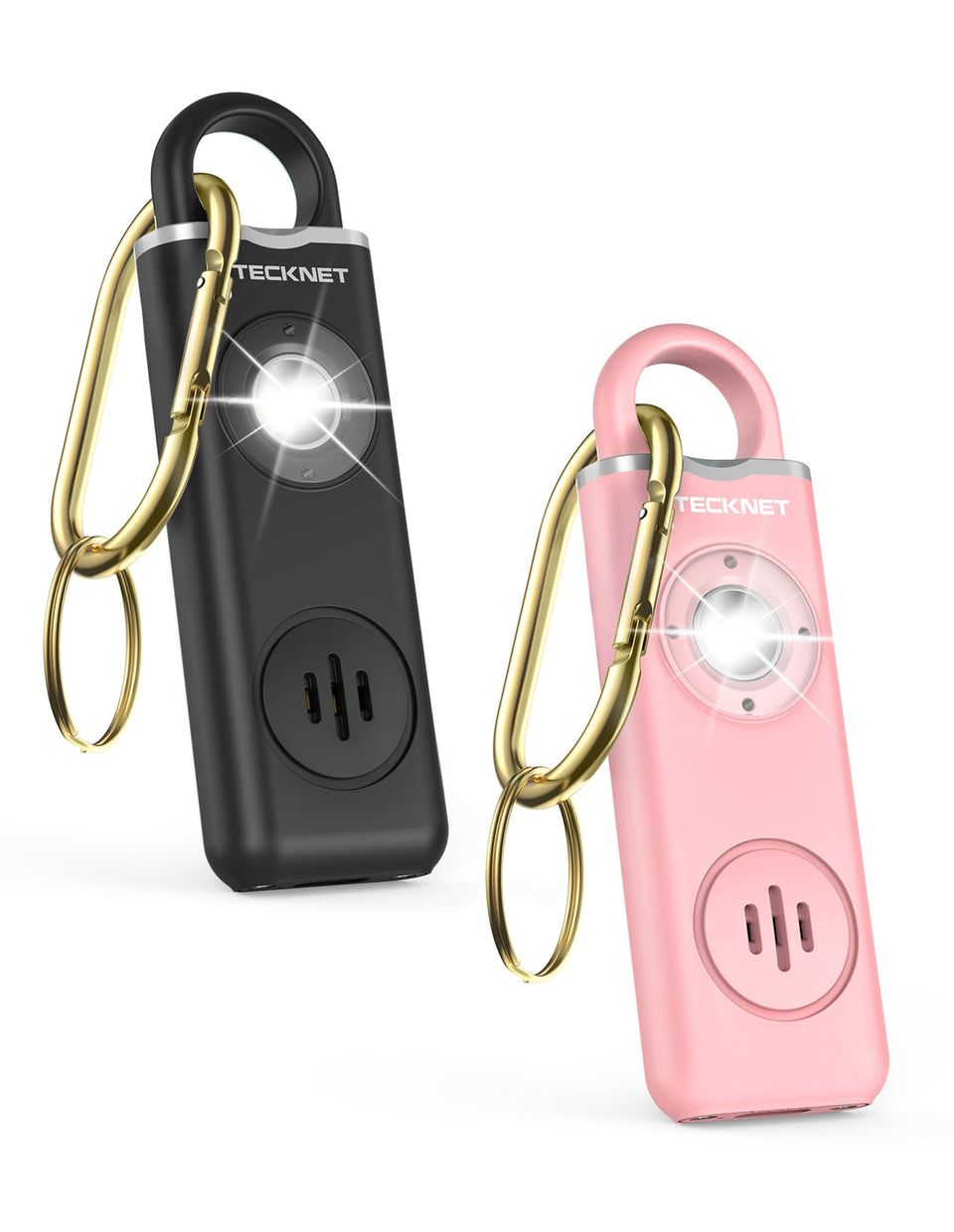 TECKNET rechargeable personal safety alarm 2-pack attached to a bag for everyday protection