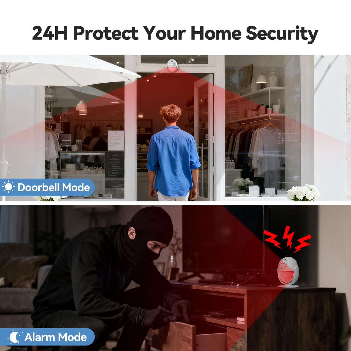 TECKNET remote control shows 328ft range for quick arming and disarming.