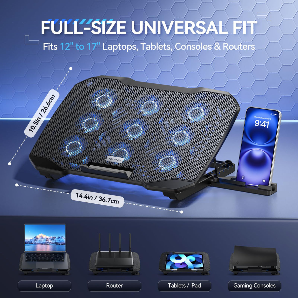 TECKNET next to 17-inch laptop to show full-size fit and stability