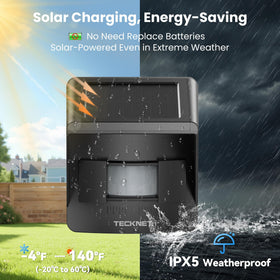 TECKNET solar panel recharging the motion sensor for maintenance-free power.