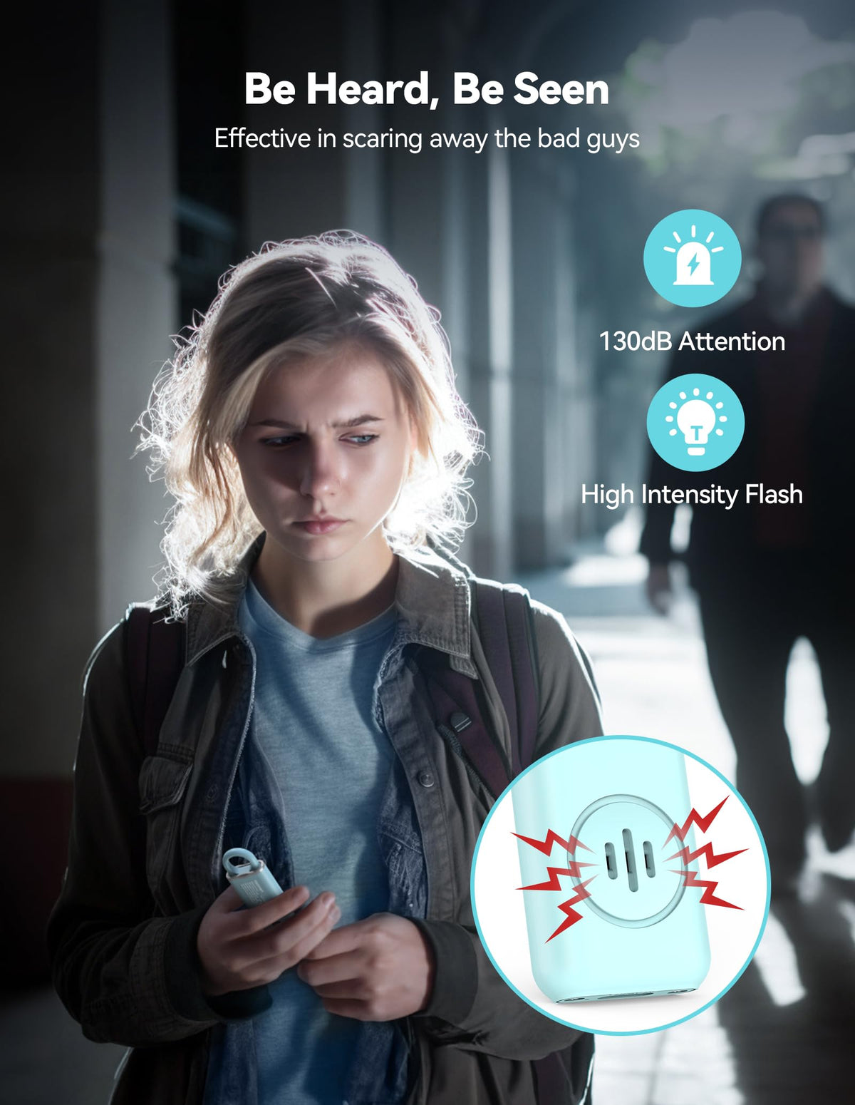  TECKNET alarm showing SOS strobe light for nighttime visibility and signaling for help.