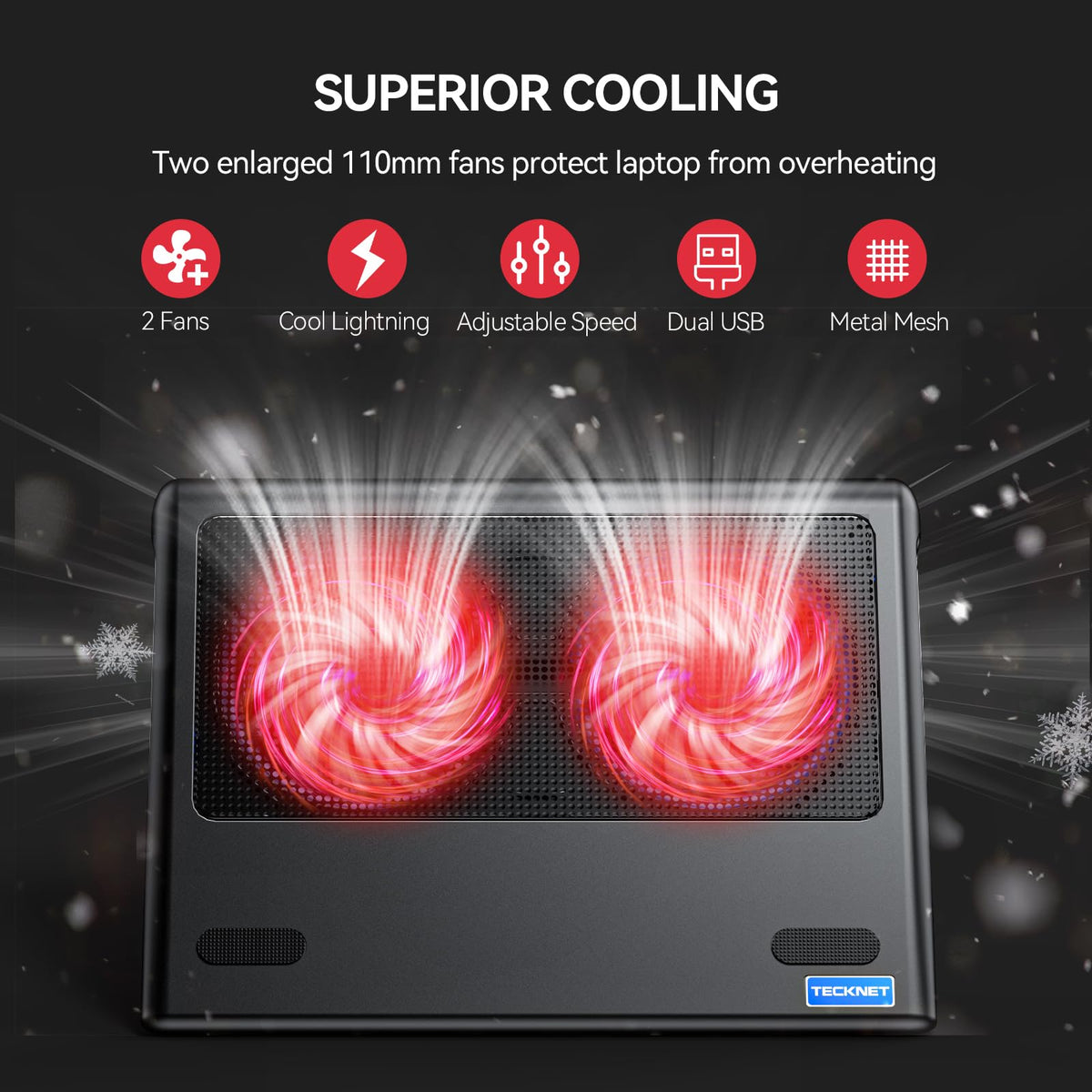 TECKNET close-up of metal mesh and dual fans highlighting targeted airflow benefit