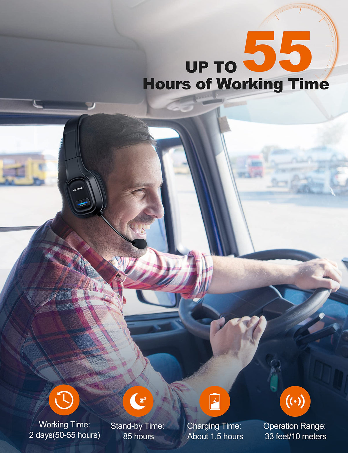 TECKNET headset control buttons and dedicated mute showing easy-call management benefit