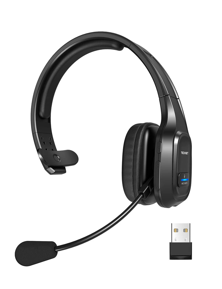 TECKNET front view of headset showing on-ear design and durable frame benefit clarity