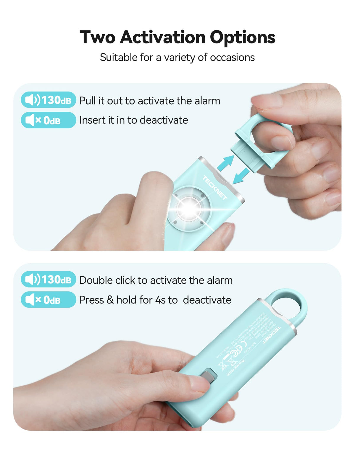 TECKNET USB rechargeable alarm with long standby for emergencies.