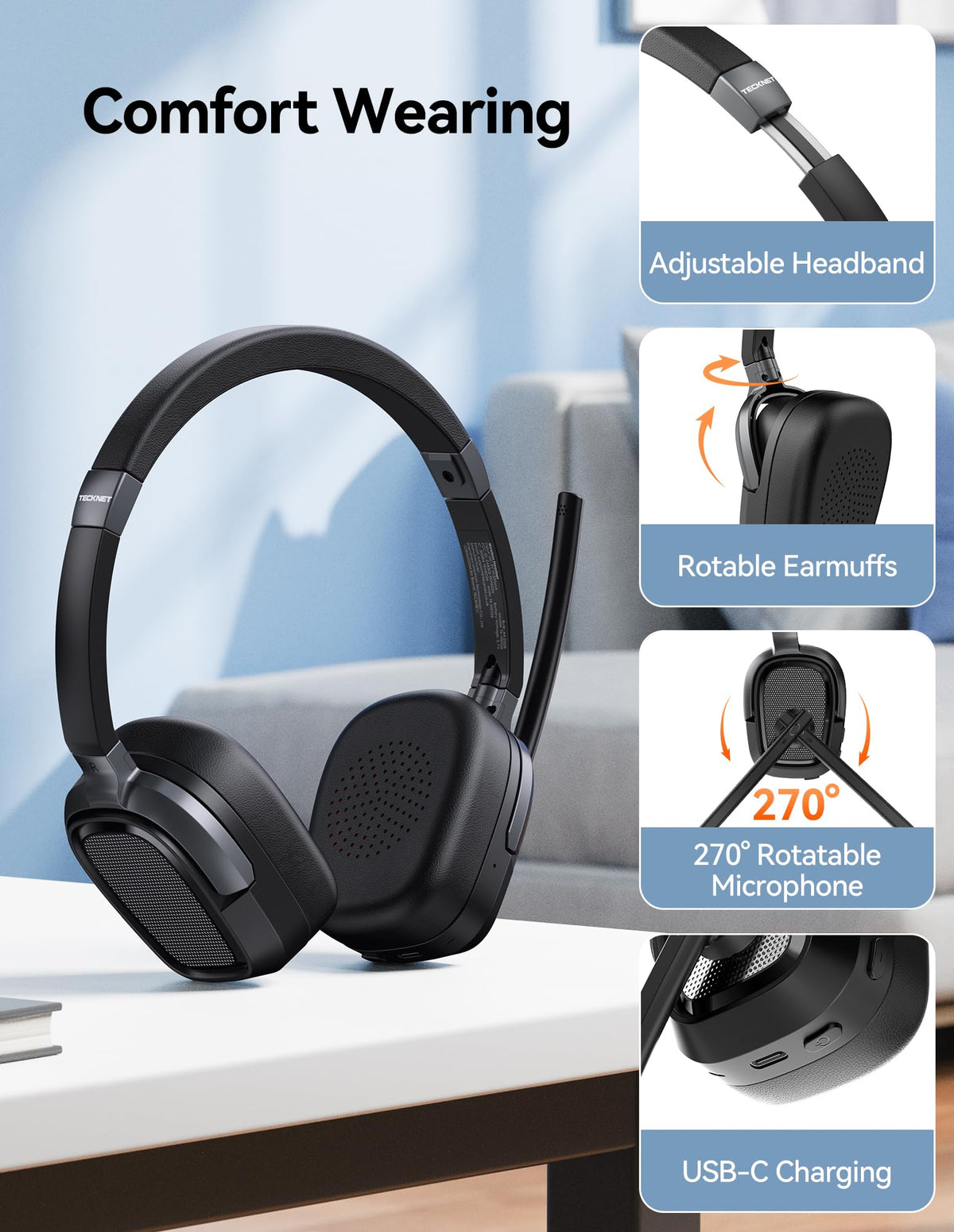 TECKNET headset with all-day comfort and lightweight design