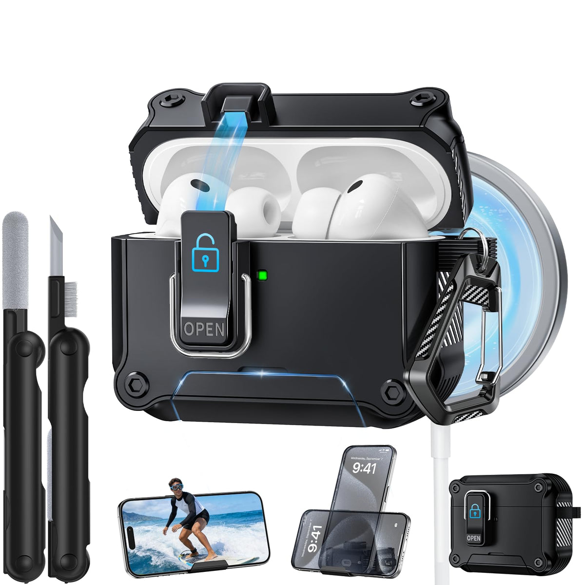 Tecolu rugged AirPods Pro 3 case with dual safety lock for secure transport