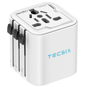 TECSIX front view showing compact universal adapter and clear labeling benefit