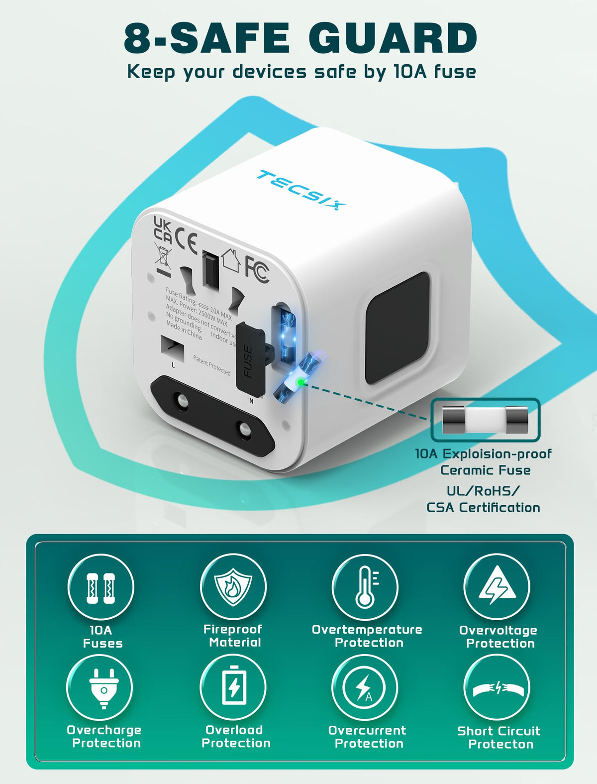 TECSIX connected to a UK outlet showing secure fit and reliable charging benefit