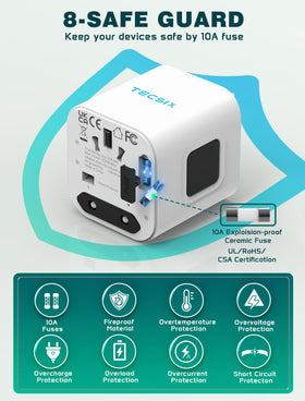 TECSIX connected to a UK outlet showing secure fit and reliable charging benefit