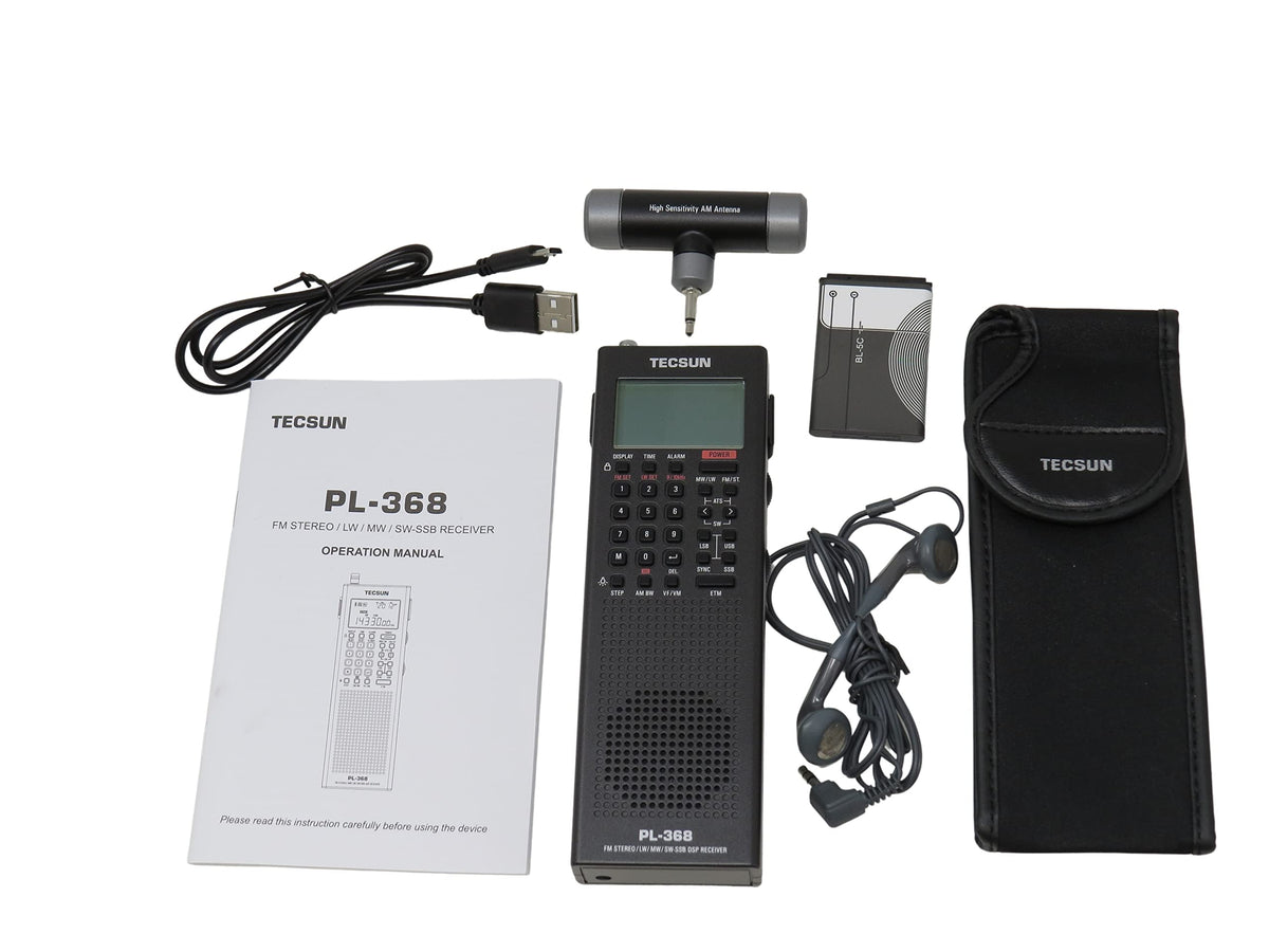 TECSUN PL368 package contents with earphones and manual