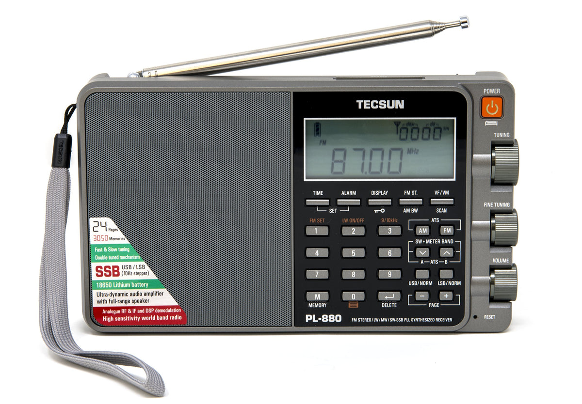 TECSUN PL880 front view in silver for portable listening on the go
