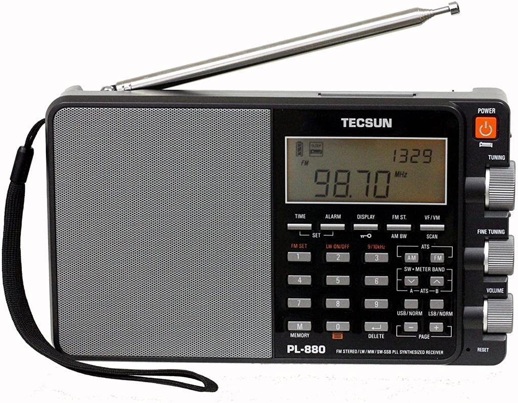 TECSUN PL880 front view; compact world-band radio for versatile listening on the go.