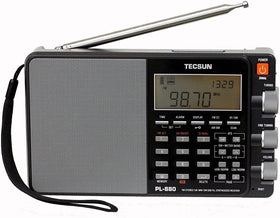 TECSUN PL880 front view; compact world-band radio for versatile listening on the go.