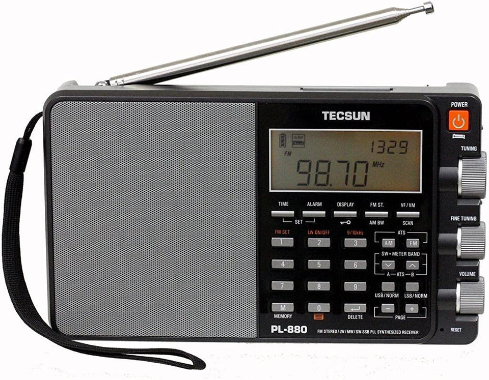 TECSUN PL880 front view; compact world-band radio for versatile listening on the go.