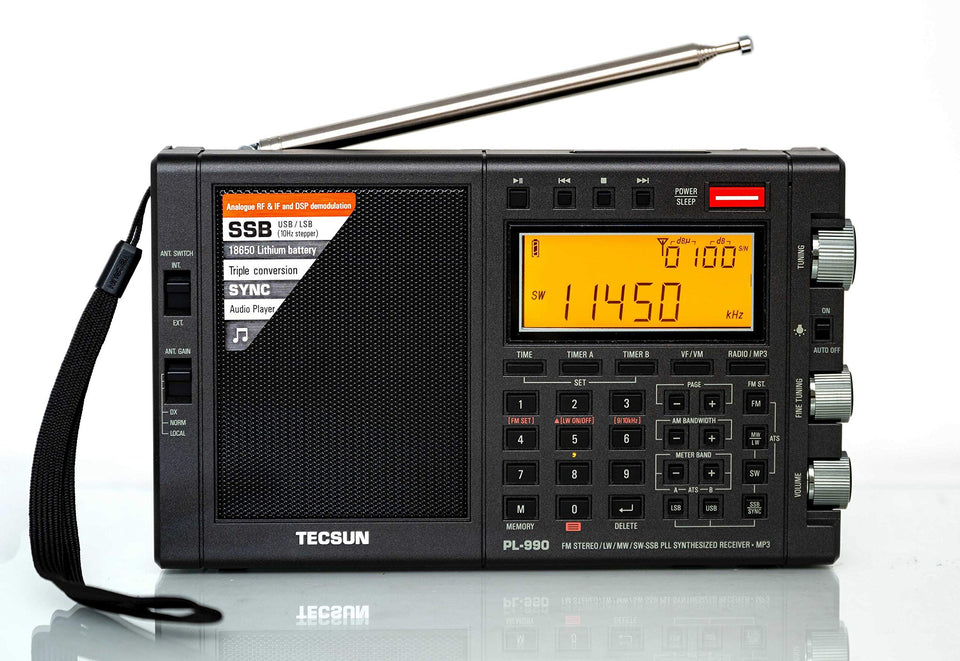 TECSUN PL990 front view highlights compact design for travel listening.
