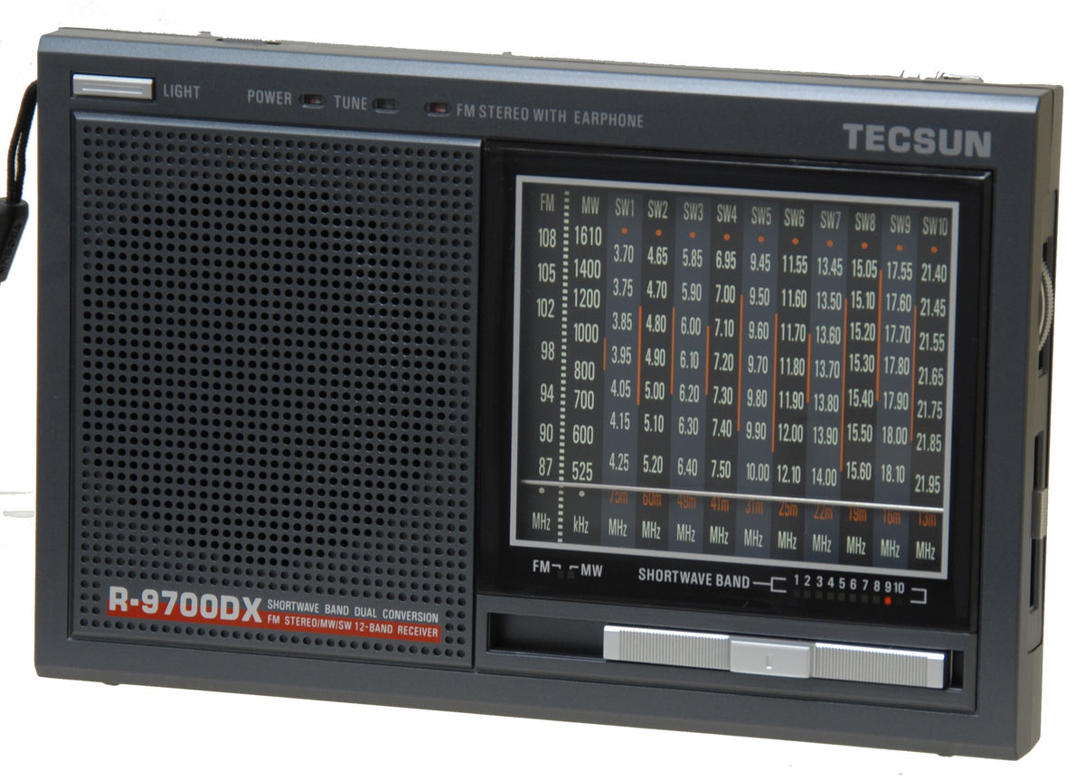 TECSUN R9700DX front panel showing back-lit frequency display and controls for easy tuning