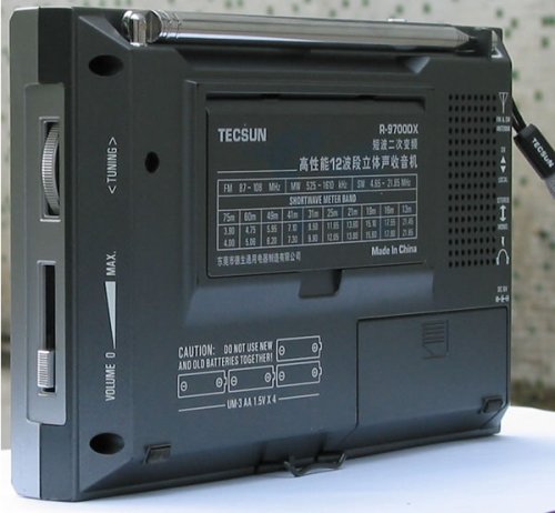 TECSUN R9700DX with earphones, AC adapter and case in a travel bag for on-the-go listening