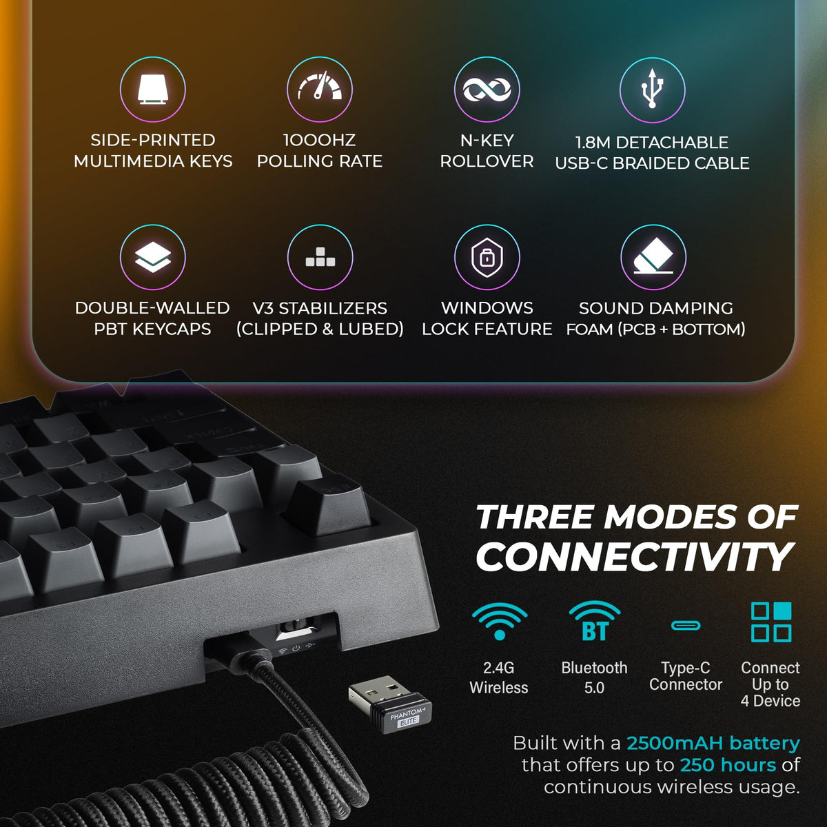 TECWARE Phantom+ Elite 87-key keyboard double-shot PBT keycaps resist wear
