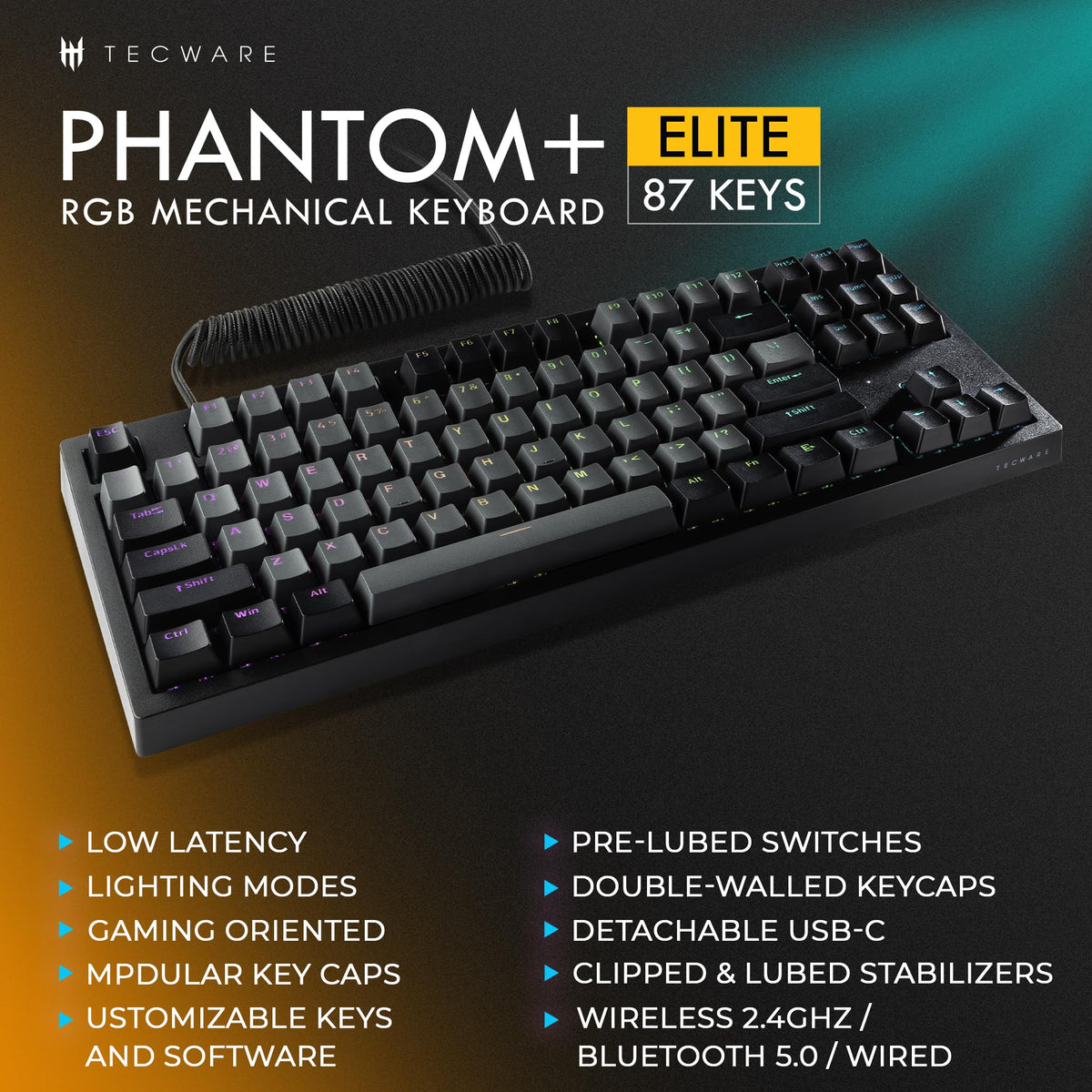 TECWARE Phantom+ Elite 87-key keyboard wireless modes showcase for seamless multitasking