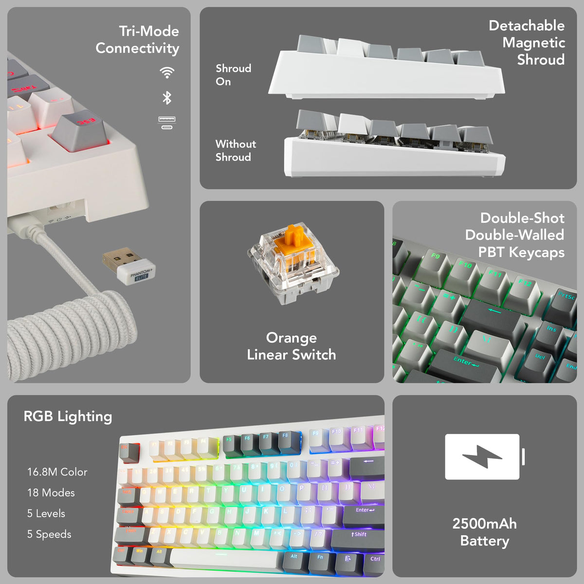 TECWARE Phantom+ Elite keyboard 2.4GHz wireless setup demonstrates low-latency gaming performance.