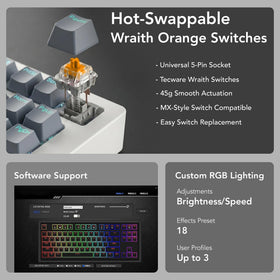 TECWARE Phantom+ Elite keyboard hot-swappable 5-pin sockets enable easy switch changes.