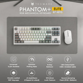 TECWARE Phantom+ Elite double-shot PBT keycaps close-up, durable legends and premium texture for longevity