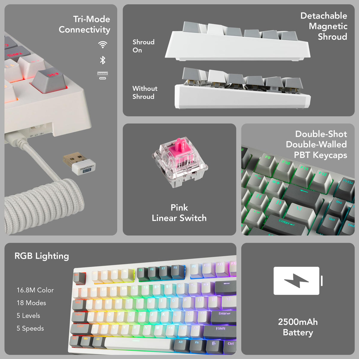 TECWARE Phantom+ Elite Wraith Pink switch close-up, smooth linear travel for consistent keystrokes