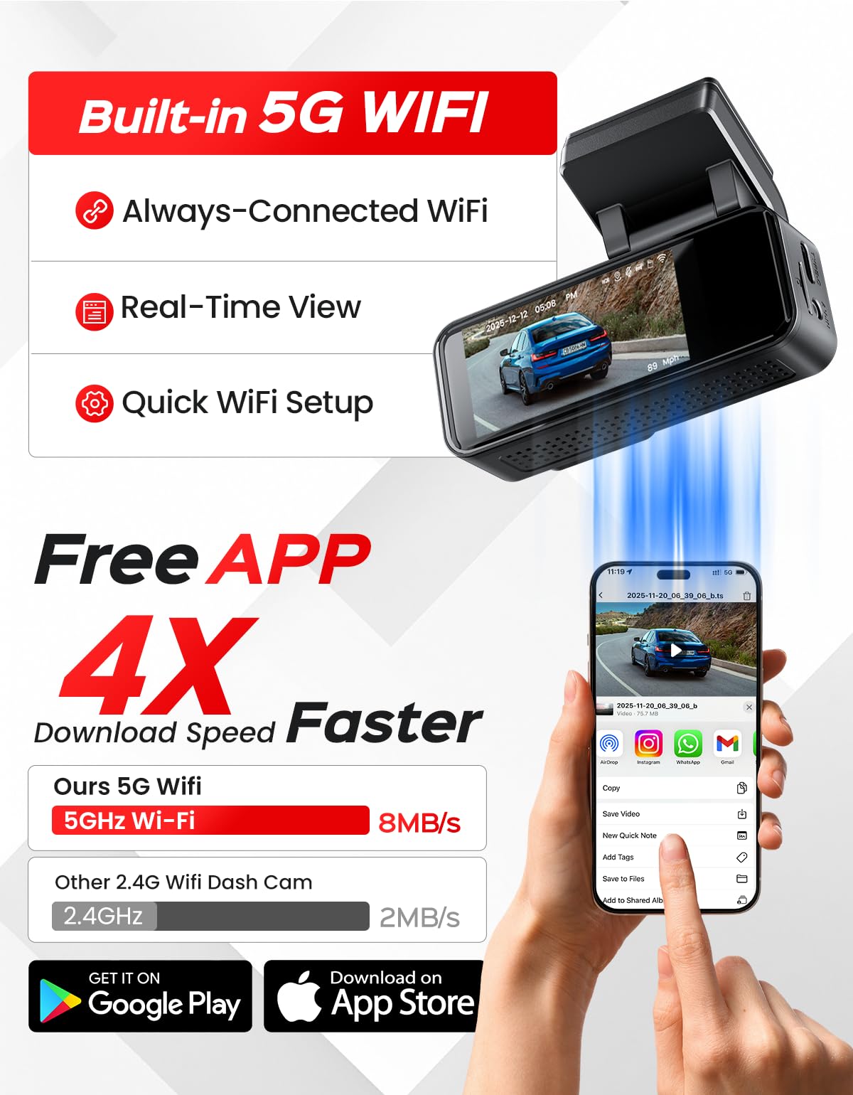 TECXERLLON connected to smartphone app via Wi‑Fi showing quick file access