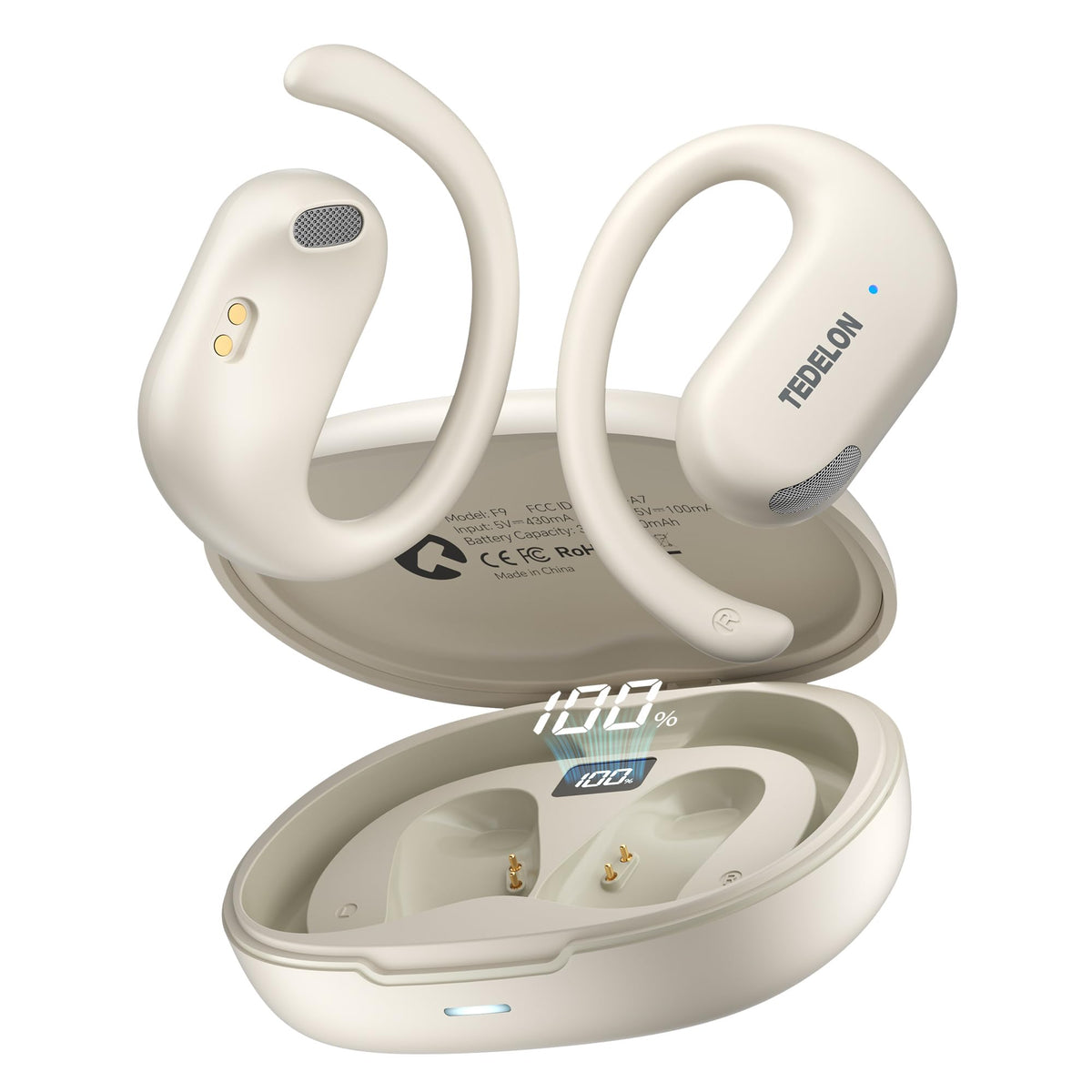 TEDELON front view of beige open ear earbuds showing design and clear sound