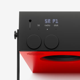 Teenage Engineering OB-4 back panel red with ports and battery indicators