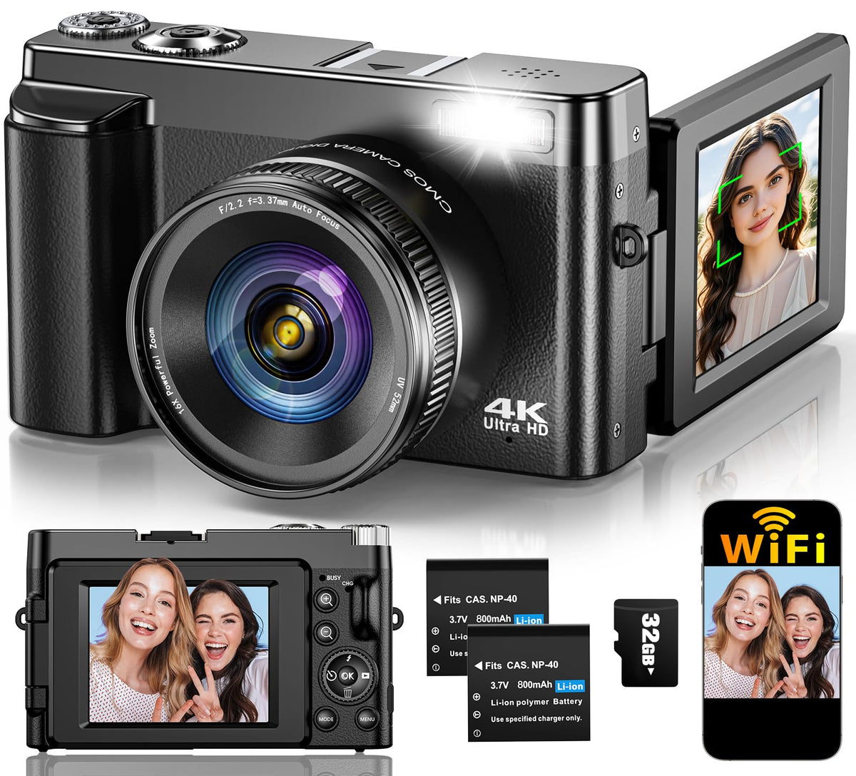 TEFTYMON 4K camera front view highlights compact travel design and autofocus performance.