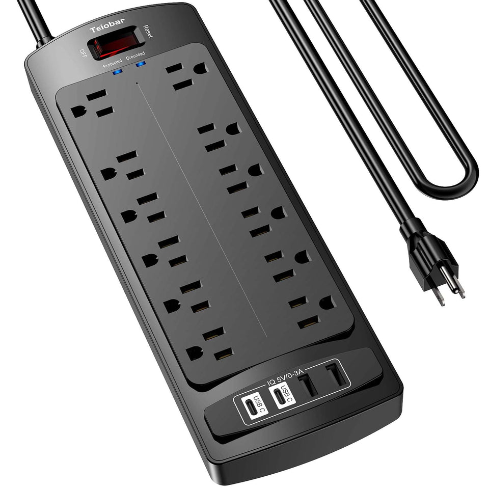 Teiobar 6ft extension cord power strip with wide spacing outlets for clutter-free setup.