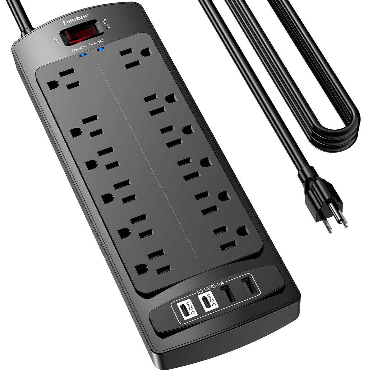 Teiobar front view showing 12 AC outlets and 4 USB ports for versatile charging