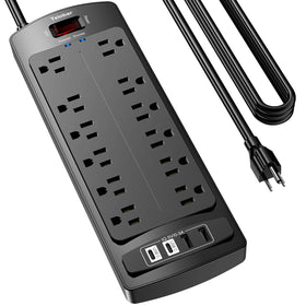 Teiobar front view showing 12 AC outlets and 4 USB ports for versatile charging