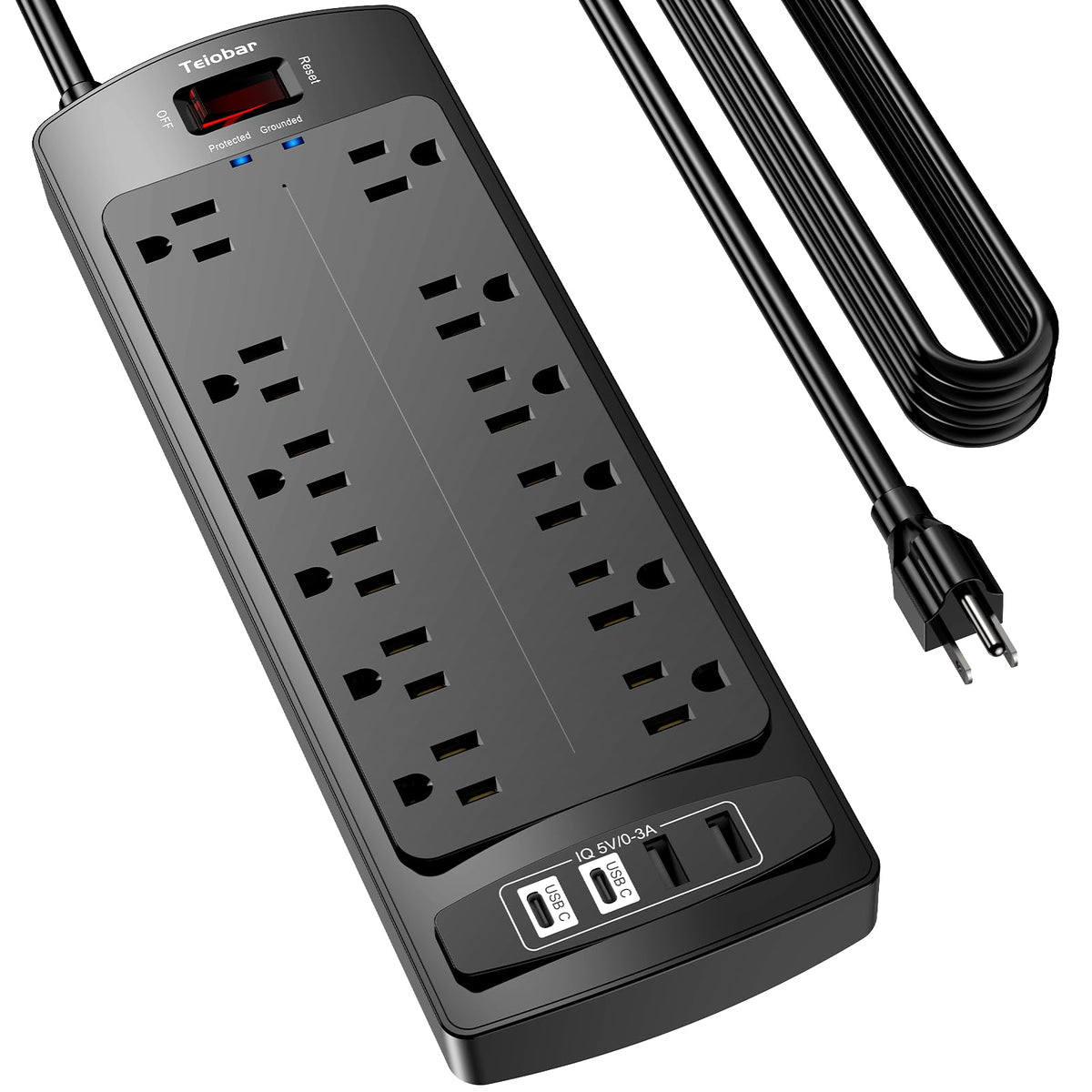 Teiobar front view showing 12 outlets and 4 USB ports, ensures versatile charging